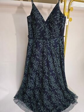 Terani Couture Navy Formal Gown with Floral Glitter Details Spaghetti Strap 24